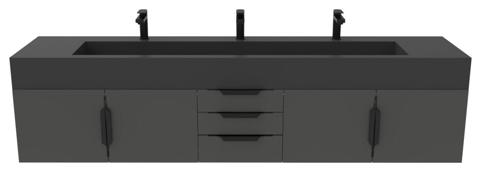 CastelloUSA Nile 84" Wall Mounted Bathroom Vanity Set, Black, Black Top, Black Handles