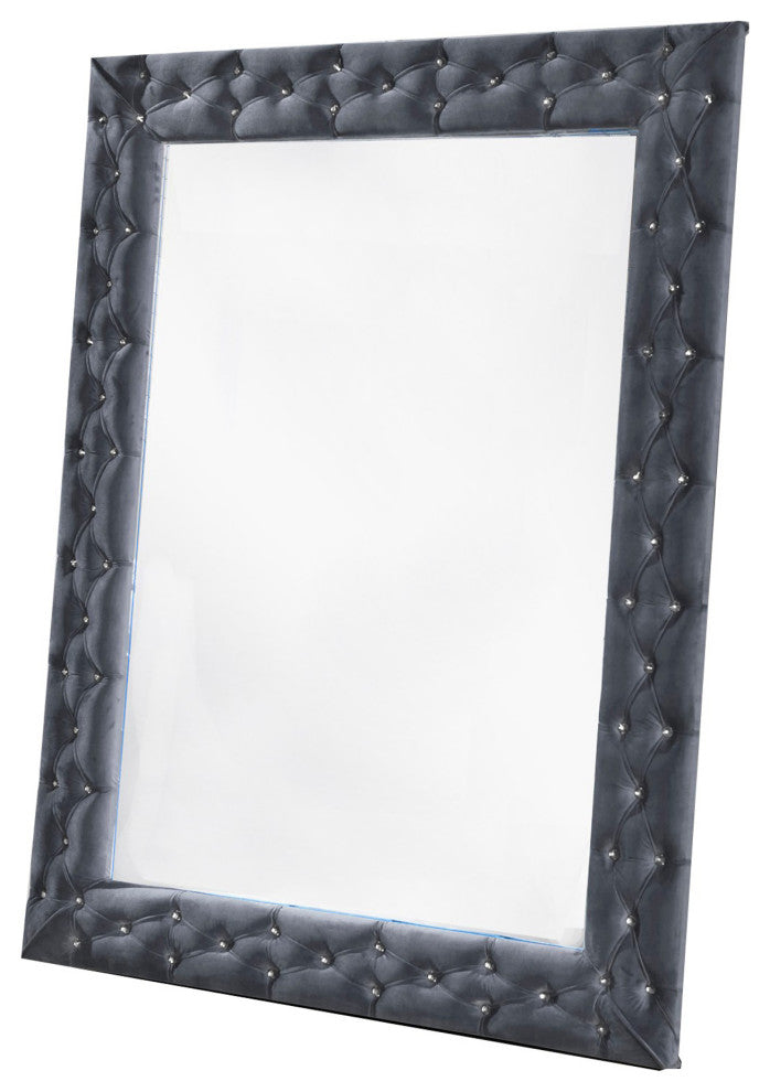 Benzara BM231653 Velvet Wrapped Wooden Frame Mirror With Button Tufting, Gray