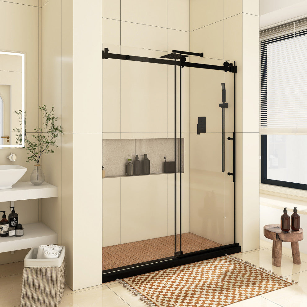 60" W x 76" H Frameless Single Sliding Shower Doors, Matt Black