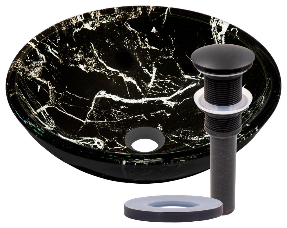 Pallina Black and White Faux Marble Glass Vessel Bathroom Sink and Drain, Oil Rubbed Bronze