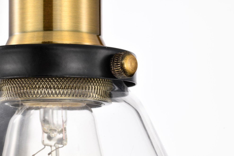 1-Light Black and Antique Brass Mini Pendant Light With Clear Glass Shade