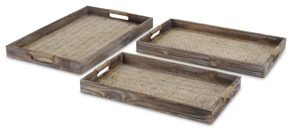 3-Piece Brown Wooden Trays With Center Bamboo Pattern And Rope Handles