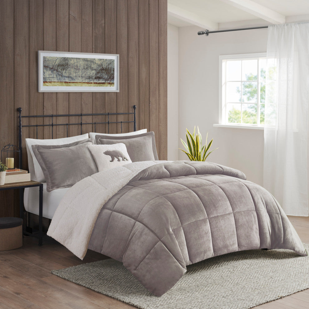 Woolrich Alton Plush to Sherpa Winter Comforter Set, Light Gray, King