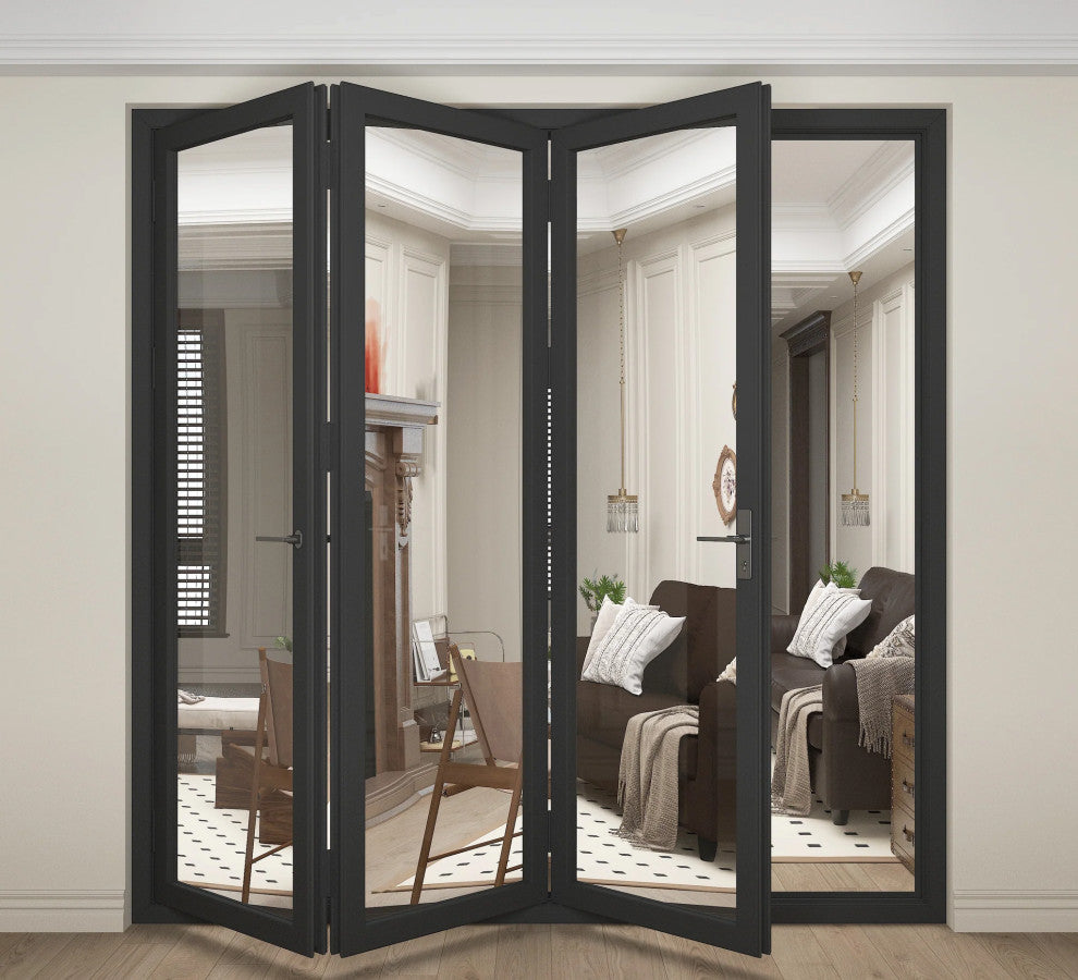 Aluminum folding patio doors 108"x96", black color. low e glass R-L30