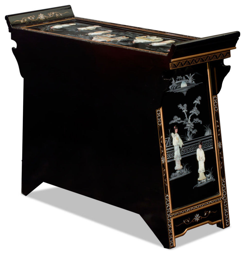 Black Lacquer Mother of Pearl Motif Oriental Altar Style Cabinet