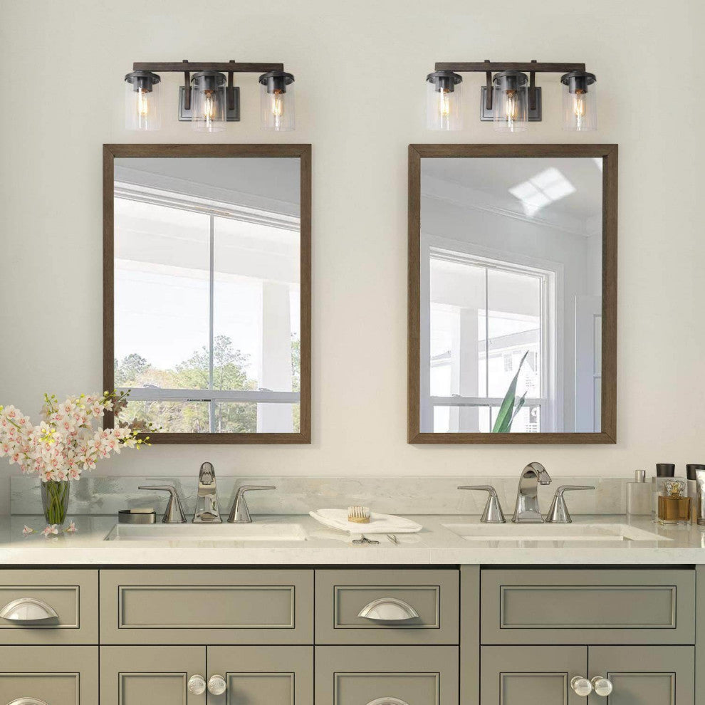 LALUZ 3-Light Black and Wood Gray Industrial Bathroom Vanity Lights