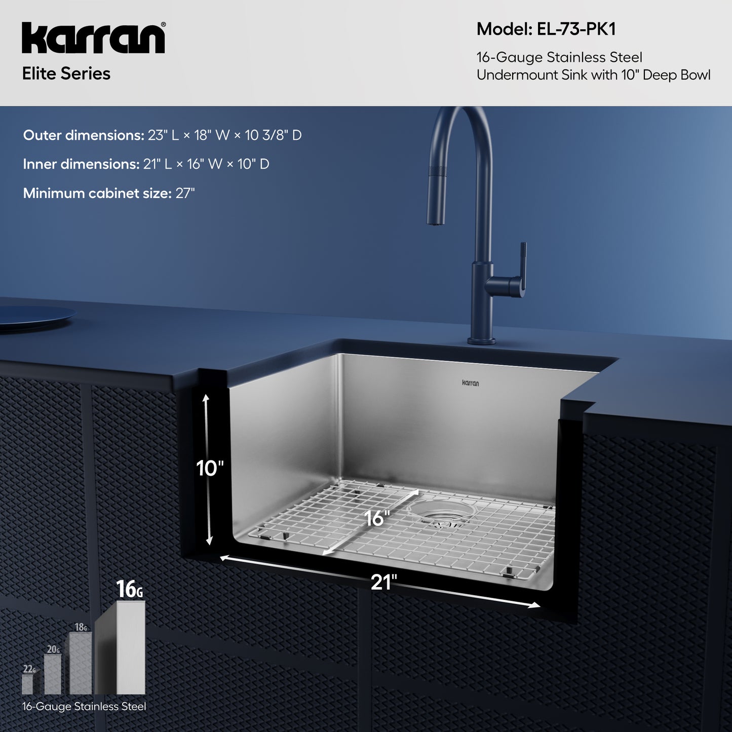 Karran 23" Undermount Single Bowl Stainless Steel Kitchen Sink Kit