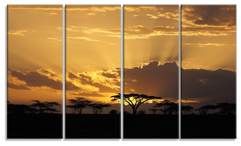 Sunset in Africa with Acacia Tree, Landscape Canvas Art, 48"x28", 4 Panels