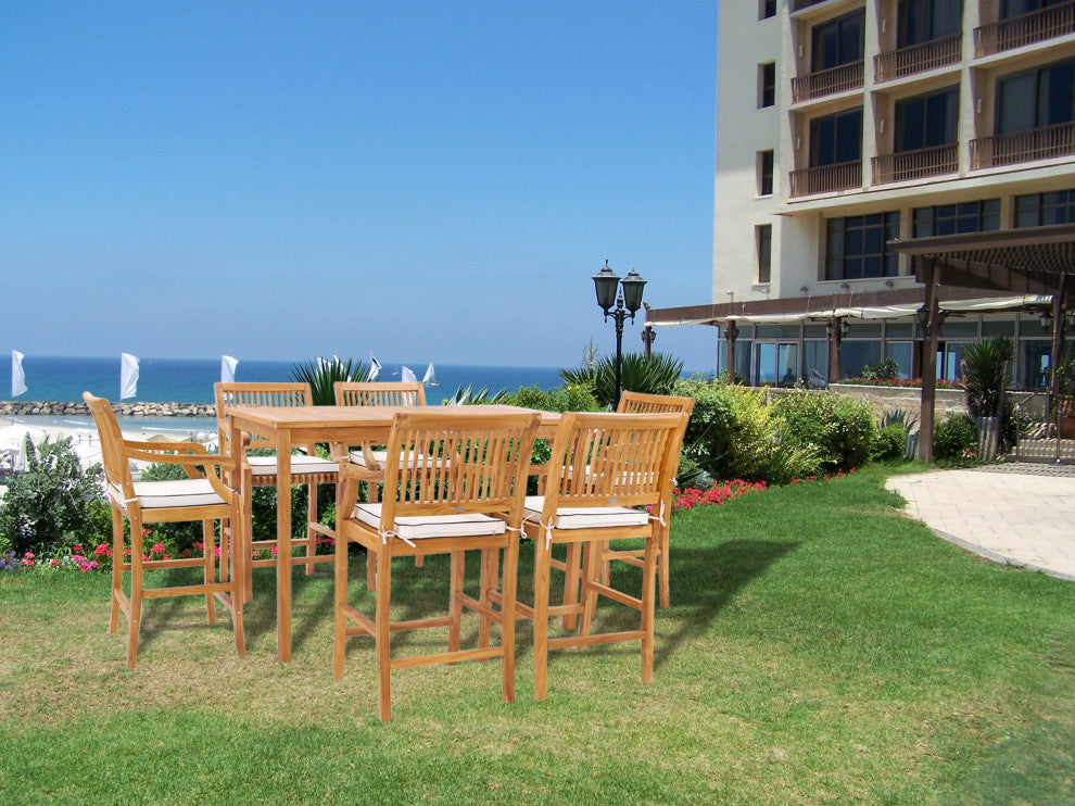 7 Piece Teak Wood Castle 63" Rectangular Bistro Bar Set, 6 Barstools with Arms