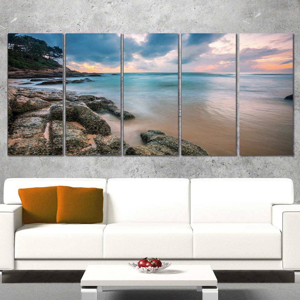 "Gloomy Tropical Sunset Beach" Extra Large Seascape Art Canvas, 5Panel, 60"x28"