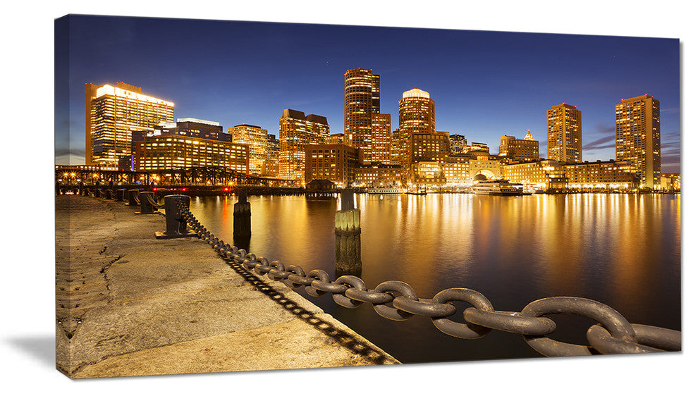USA Skyline from Fan Pier at Night, Large Cityscape Canvas Art Print, 60"x28"