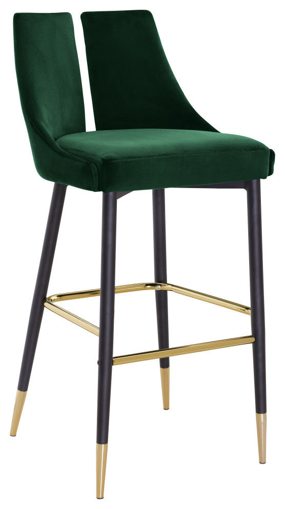 Sleek Velvet Upholstered Bar Stools With Matte Black Metal Legs, Set of 2, Green