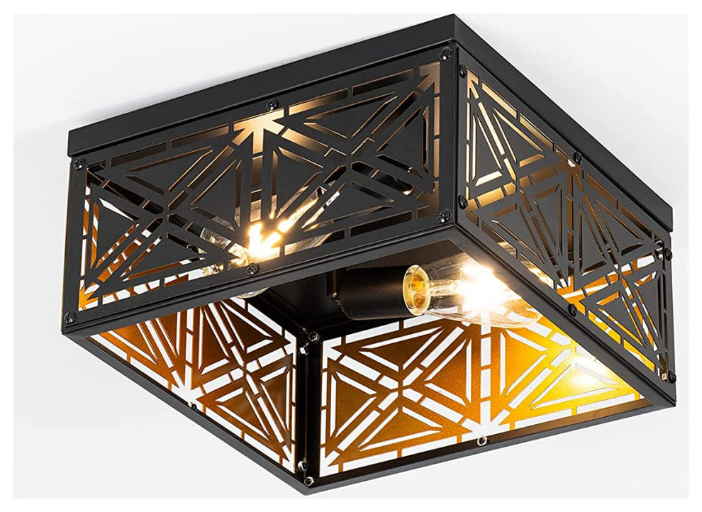 Black Square Ceiling Lamp, Farmhouse, Rust, Flush Mount