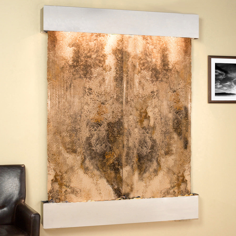 Majestic River Water Fountain, Magnifico Travertine, Stainless Steel, Square Edg