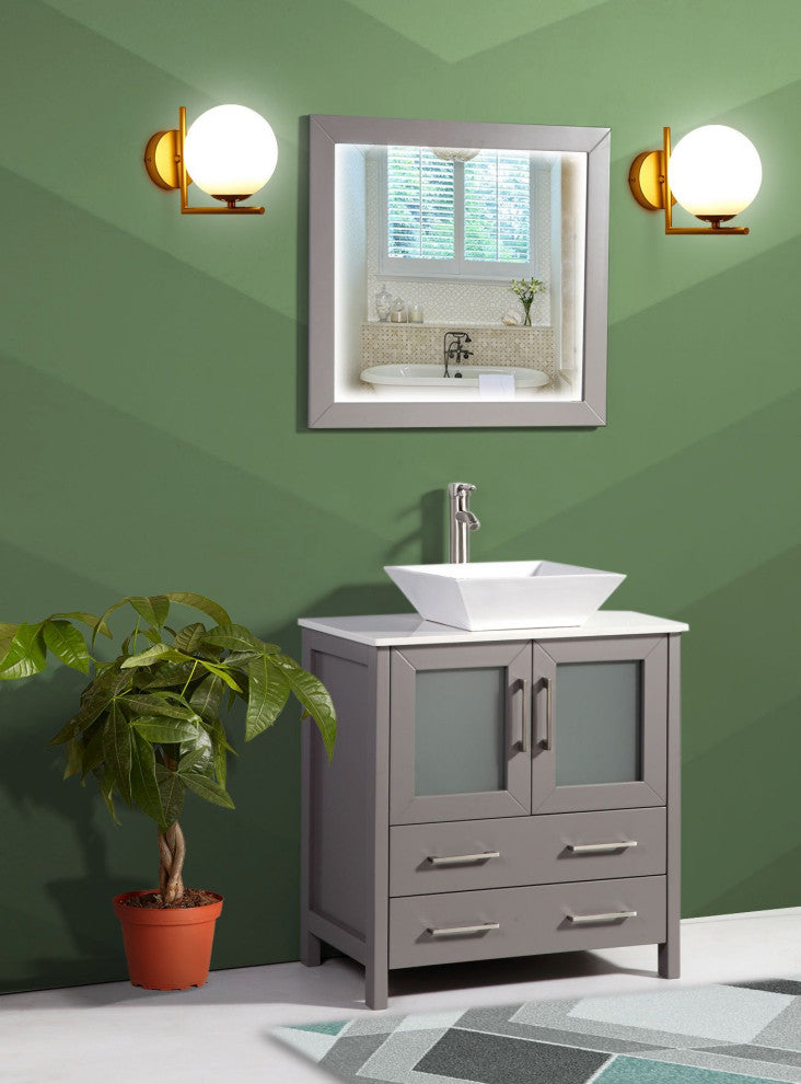 Vanity Art Vanity Set With Vessel Sink, Gray, 30", Led Sensor-Switch Mirror