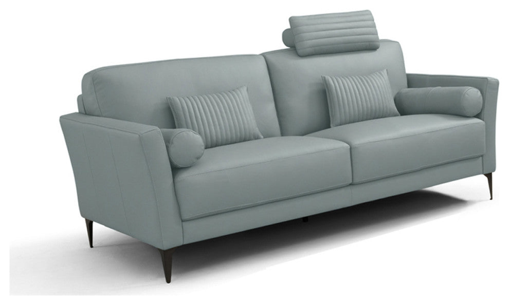 Leather Upholstered Loveseat With Five Pillows, Watery