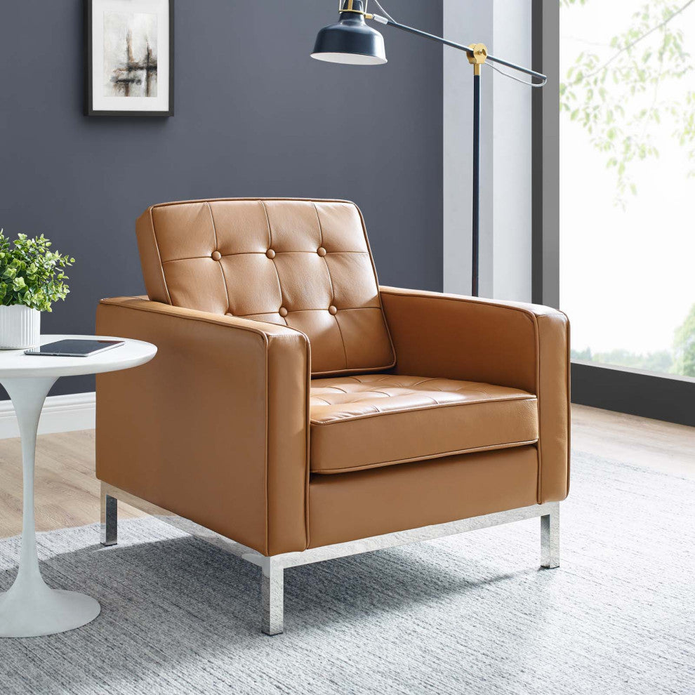 Armchair Accent Chair, Leather, Tan, Modern, Living Lounge Hotel Hospitality