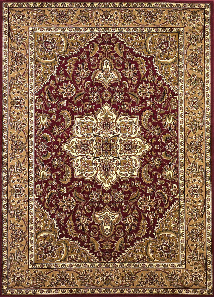 HomeRoots Red Beige Machine Woven Traditional Medallion Octagon Indoor Area Rug