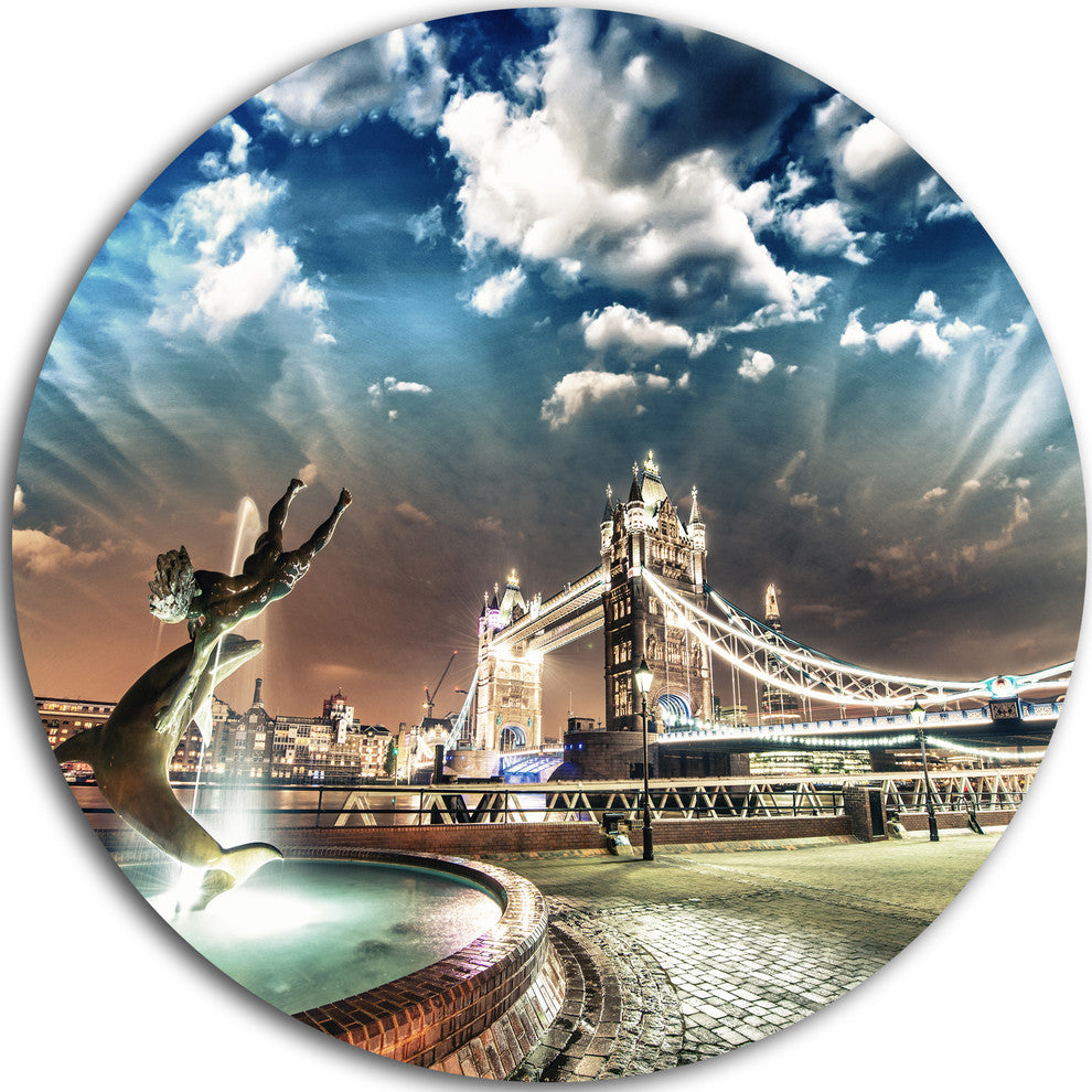 Tower Bridge At Night, Landscape Photography Round Wall Art, 23"