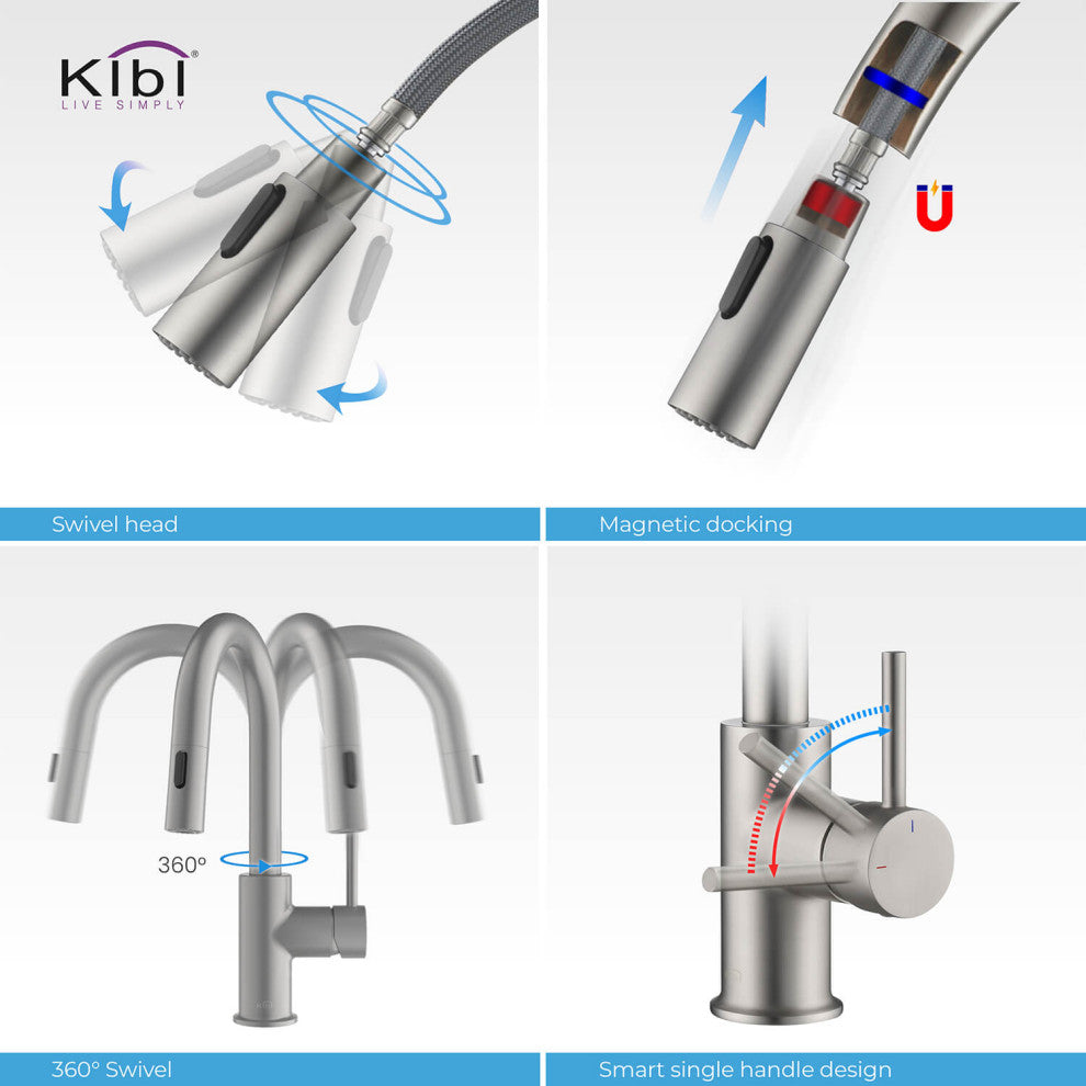 Luxe Single Handle Pull Down Kitchen & Bar Faucet, Brush Nickel W/ Soap Dispenser