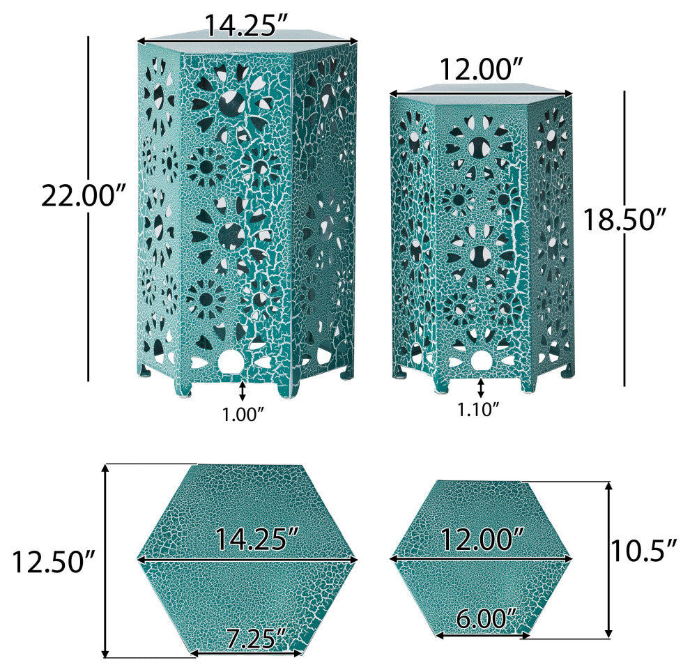 GDF Studio 2-Piece Elliot Outdoor Sunburst Iron Side Table Set, Crackle Teal