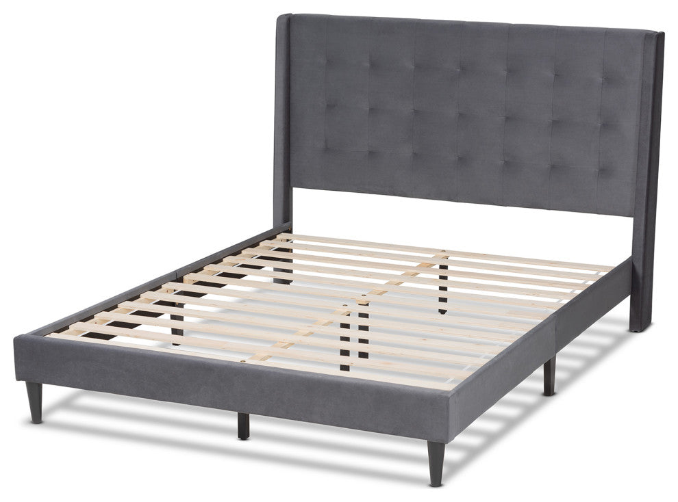 Violeta Modern Velvet Upholstered Platform Bed, Gray/Dark Brown, Queen