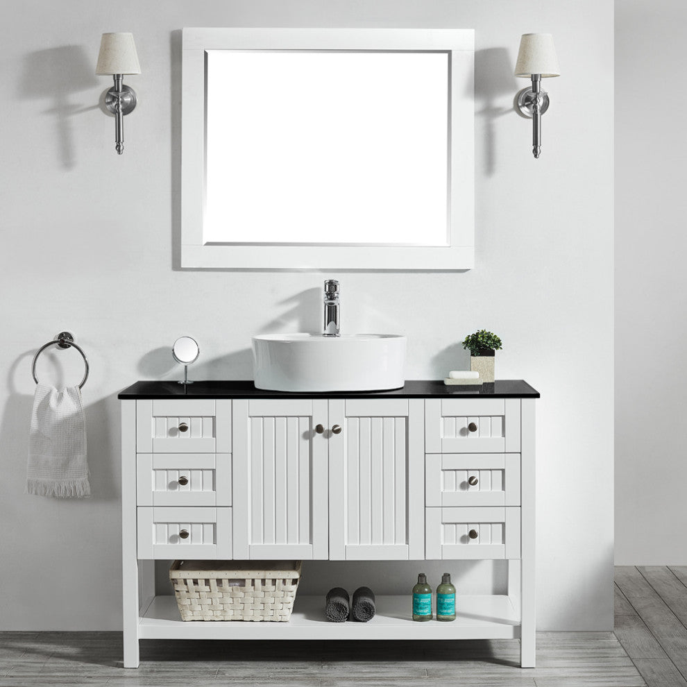48"? Vanity in White with Glass Countertop with White Vessel Sink With Mirror