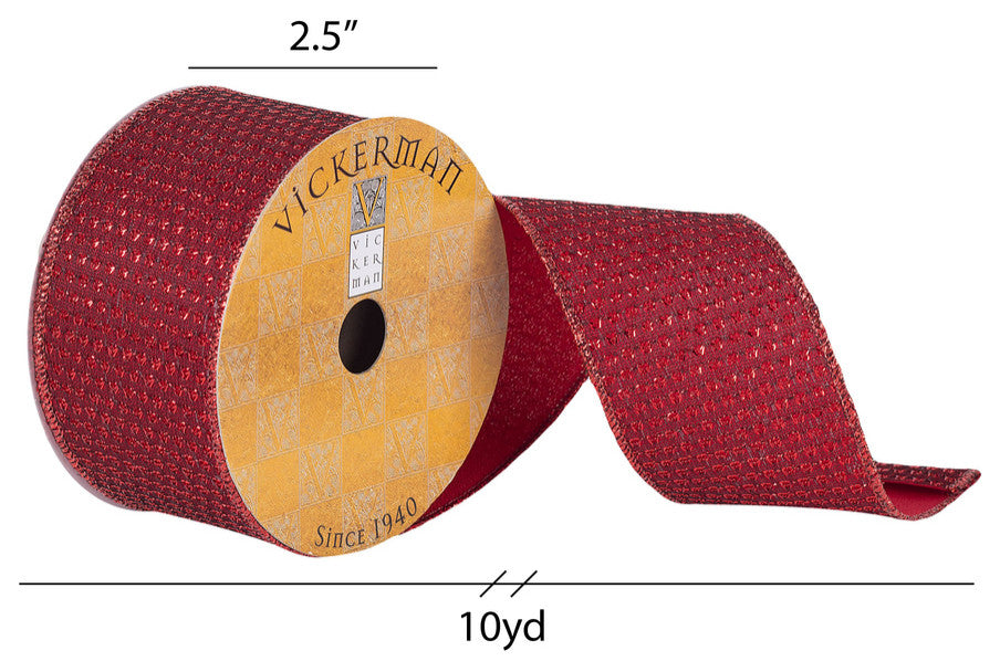 Vickerman Q180698 2.5"X10 Yard Red Woven Dot Dupion Christmas Ribbon