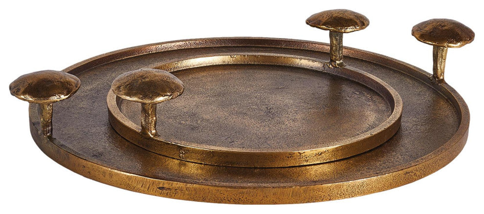 Luxe Modern Abstract Brass Bronze Mushroom Trays Set of 2 Round Woodland Organic