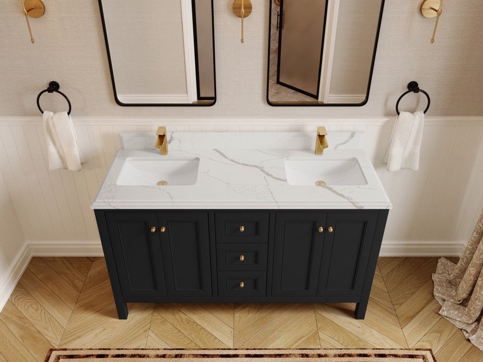 Nashville 60" Double Bathroom Vanity, Black 1.5" Calacatta Laza
