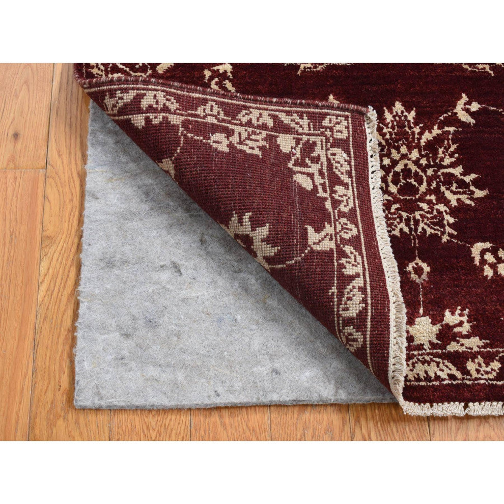 Sangria Red Pure Wool Abarasque Design Agra Hand Knotted Runner Rug 2'8" x 6'