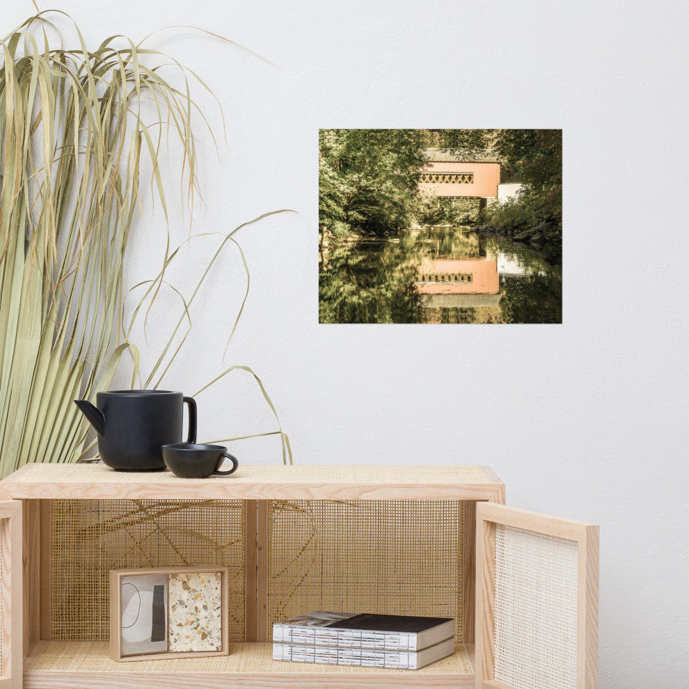 The Reflection of Wooddale Covered Bridge Aged Unframed Wall Art Print, 16" X 20"