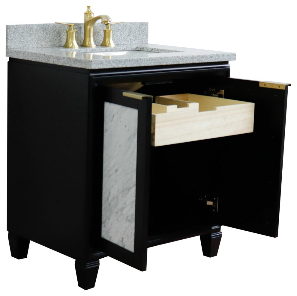 31" Single Sink Vanity, Black Finish With Gray Granite With Rectangle Sink
