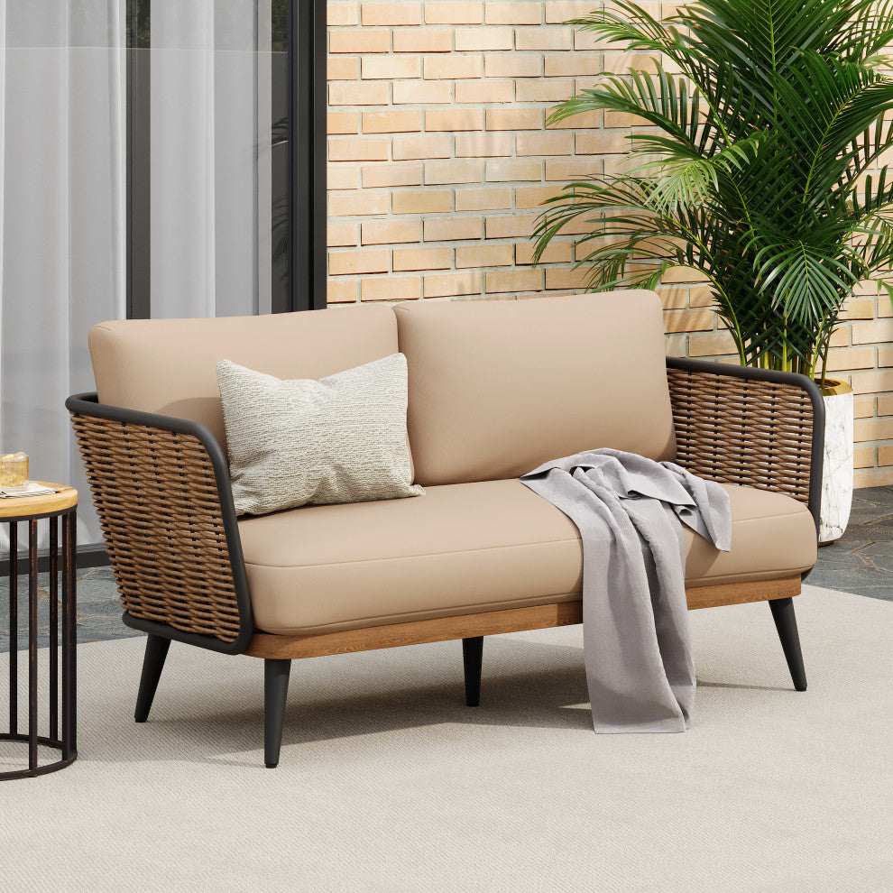 GDF Studio Outdoor Wicker Loveseat With Water-Resistant Cushions, Brown/Beige