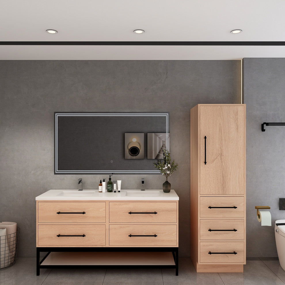 Victoria 60'' Double Sink Solid Wood Open Shelf Bath Vanity, Red Oak