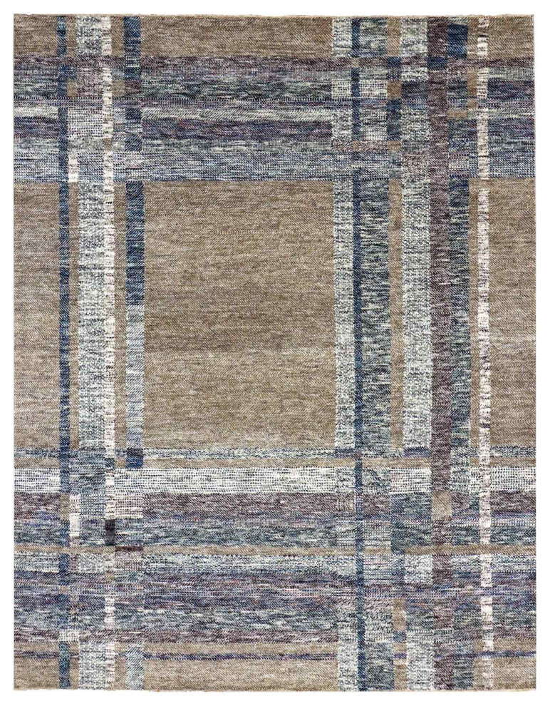 Brown Modern Geometric Opened Up Plaid Design Wool Hand Knotted Rug, 8'2"x10'2"