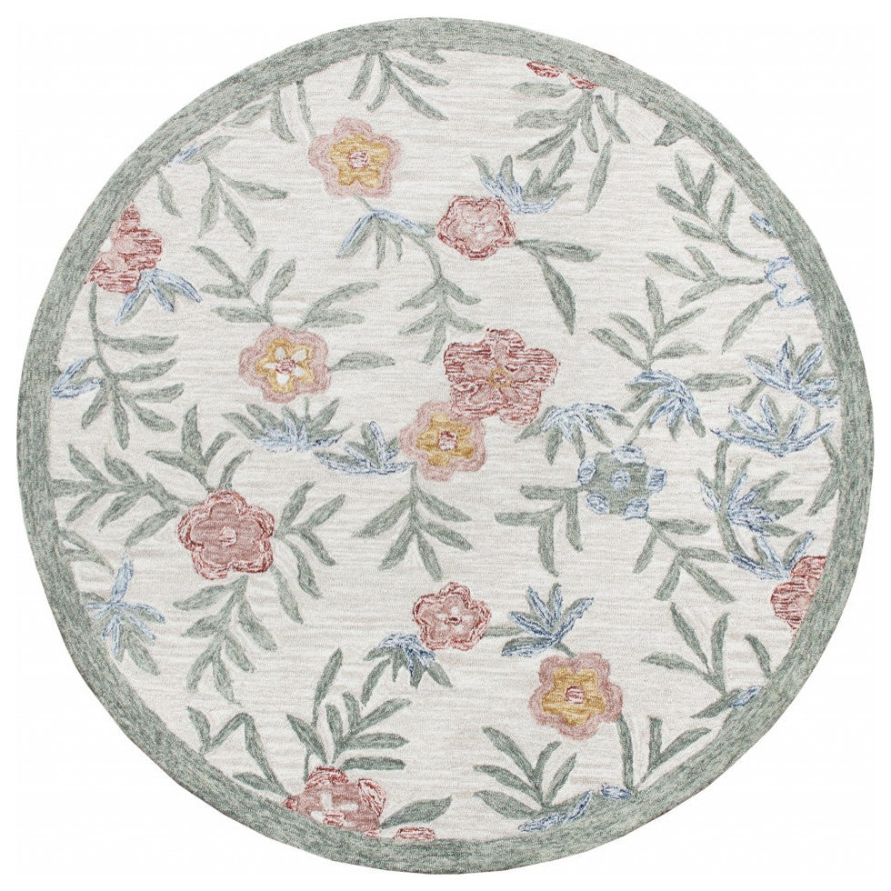 6' Ivory And Blue Round Wool Hand Hooked Handmade Area Rug