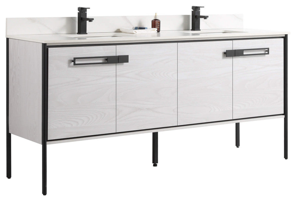 Oakville Bath Vanity, Ceramic Sink, Mild Grey Oak, 72 Inch, Black Hardware