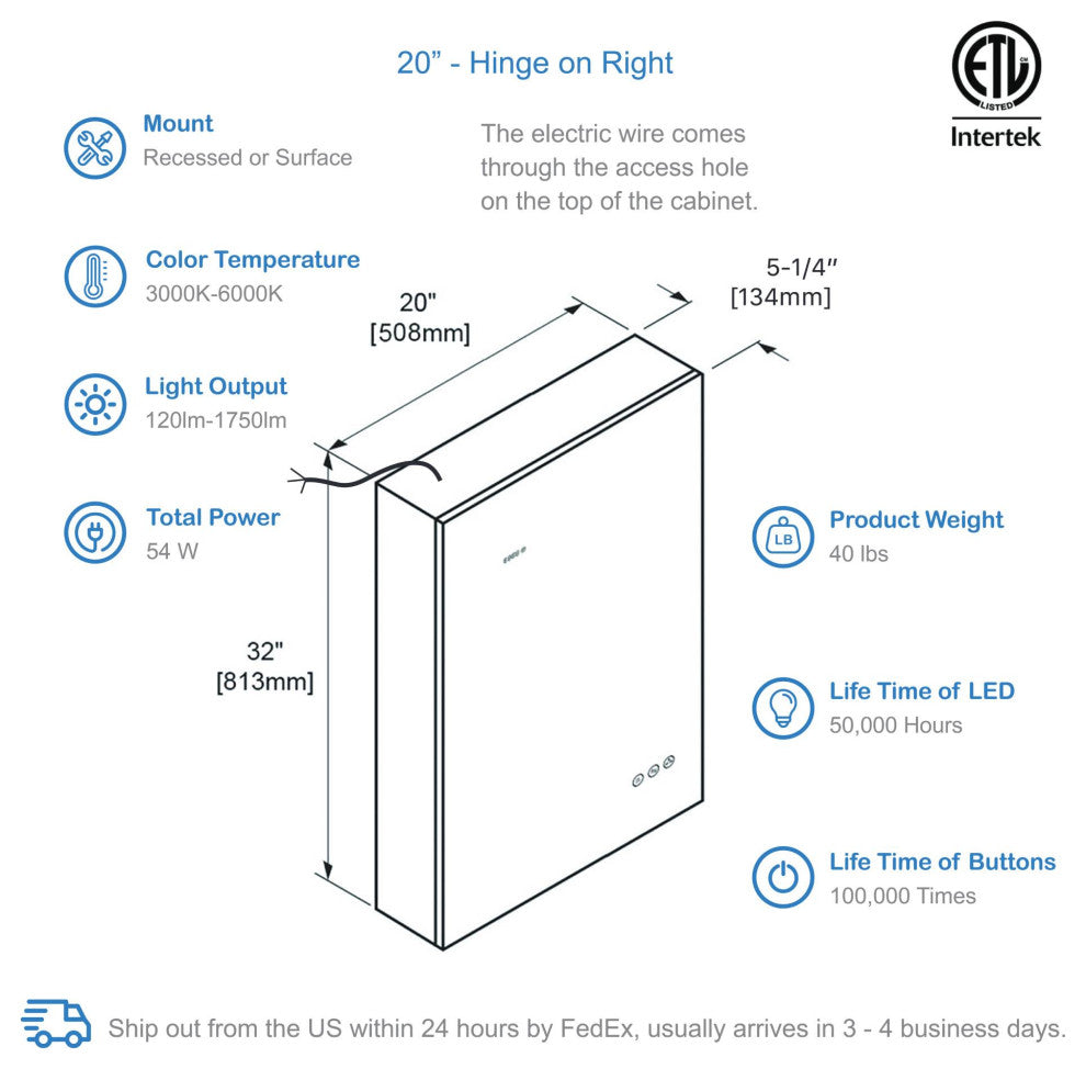 LED Mirror Medicine Cabinet With 3X, Defogger, Dimmer Outlets and USB, 20/R