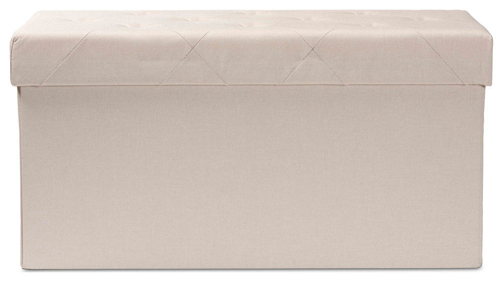 Beige Fabric Upholstered and Oak Brown Finished Wood 2-Drawer Storage Ottoman