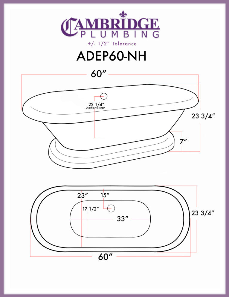 Acrylic Double Ended Pedestal Bathtub 60" X 30" With No Faucet Drillings