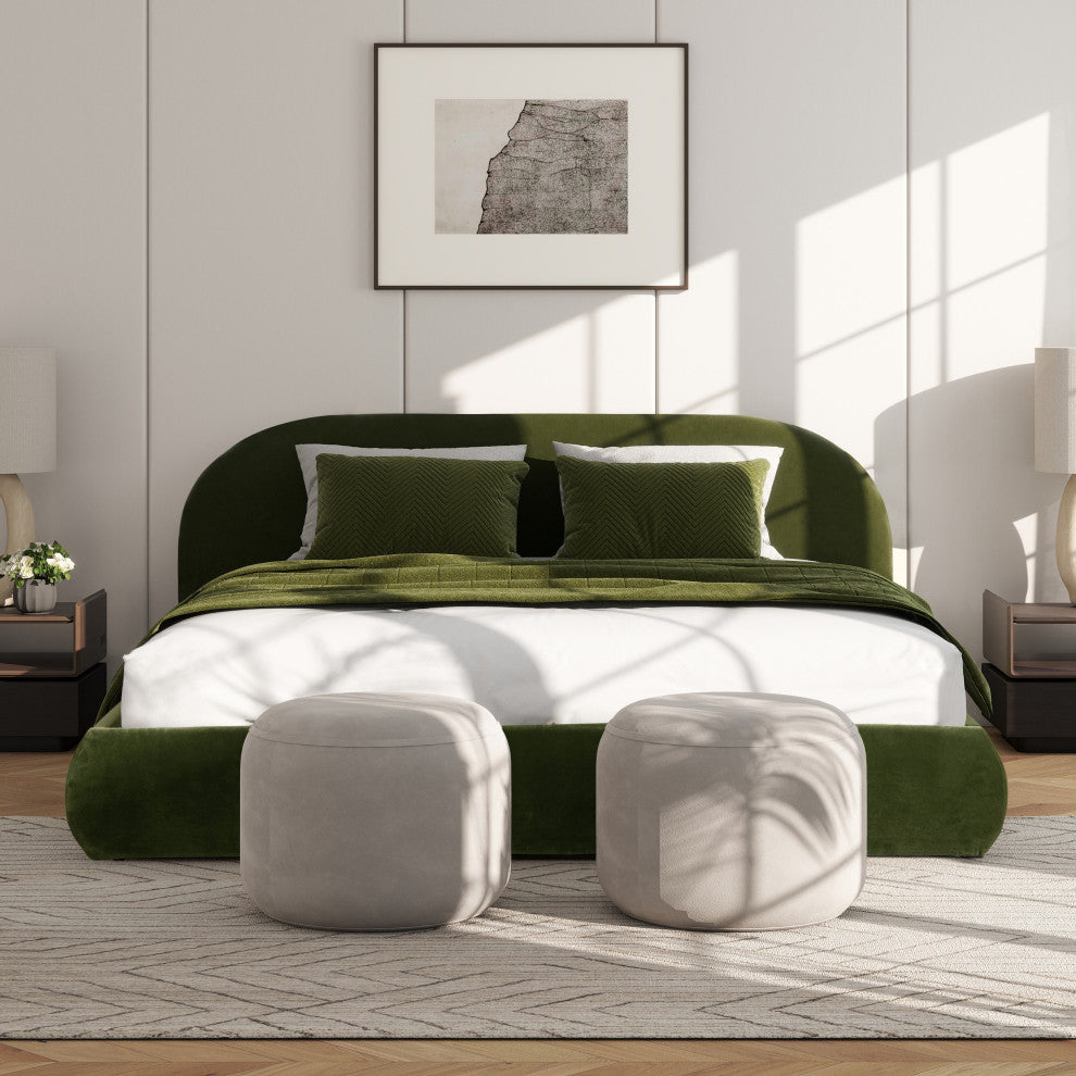 Archie Mid-Century Modern Arched Headboard Platform Bed, Olive Green, King