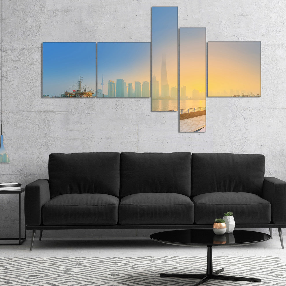 Shanghais Night with Lights, Cityscape Canvas Art Print, 60"x32", 5 panels