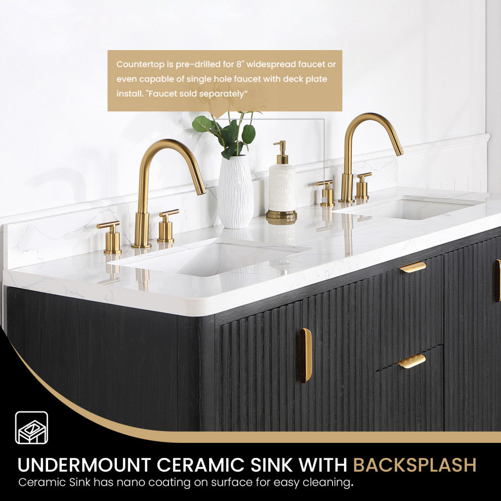Vinnova Cadiz Bath Vanity, Composite Stone Top, Black, 72", No Mirror