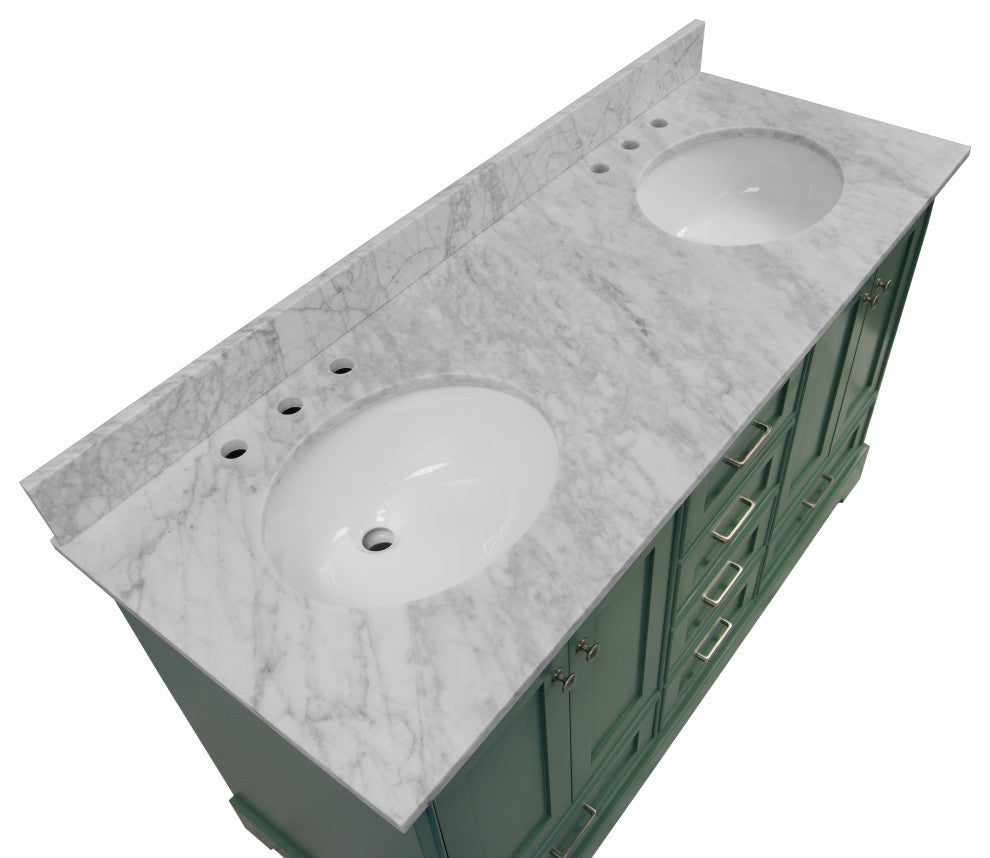 Harper 60" Bathroom Vanity, Sage Green, Carrara Marble, Double
