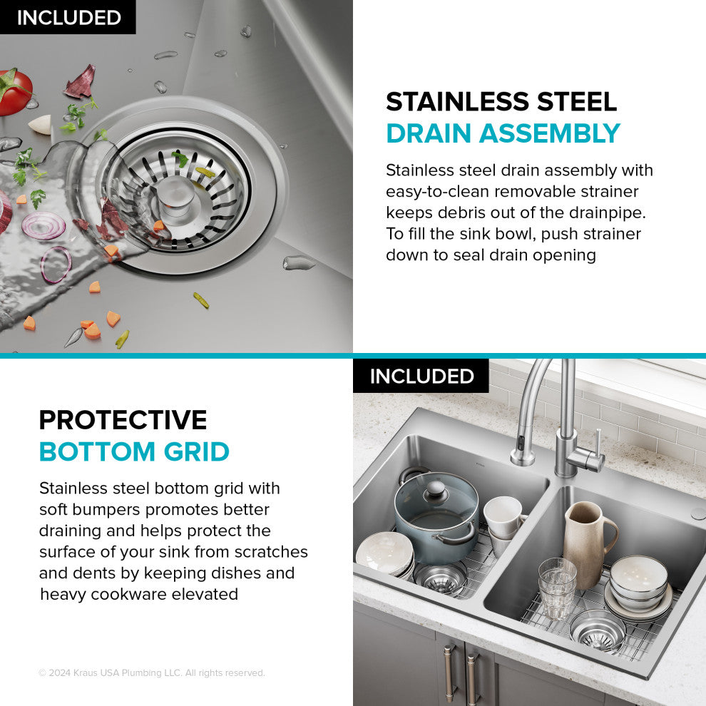 KRAUS Fairlane 33" Drop, / Top Mount 2-Bowl Stainless Steel Kitchen Sink