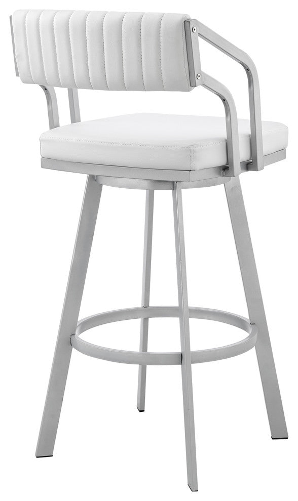 Scranton 26" Swivel White Faux Leather/Silver Metal Bar Stool