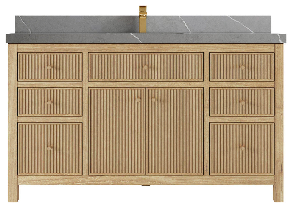 Sonoma Teak 60 Single Bath Vanity in Light  Natural with 2" Piatra Gray Quartz