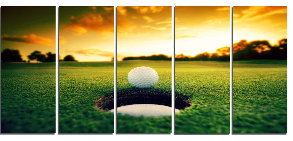 Golf Ball Near Hole, Landscape Canvas Art Print, 60"x28", 5 Panels