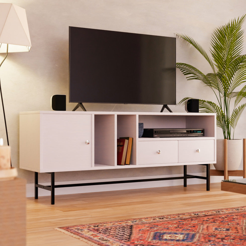 Rochester 2-Drawer 4-Shelf TV Stand Credenza with Iron Legs, White
